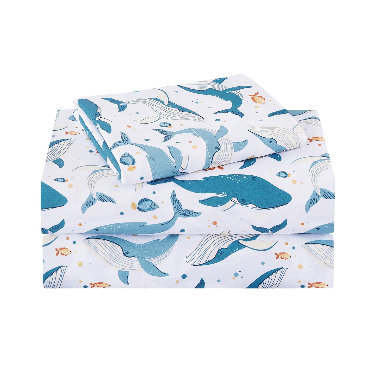 lasoftan Kids Sheet Set Twin Size, Twin Sheet Set with Marine Whales Pattern，Breathable Silky Soft Microfiber Kids Fitted Sheet