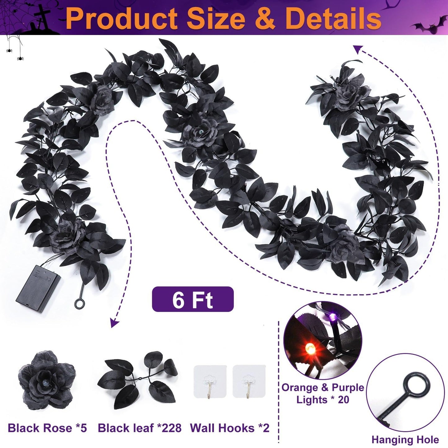 Timer - 6 Feet Halloween Garland with Lights, Artificial Black Garland with Black Roses 20 LED Purple Orange Lights for Halloween Decorations Indoor Outdoor Table Fireplace Home Decor