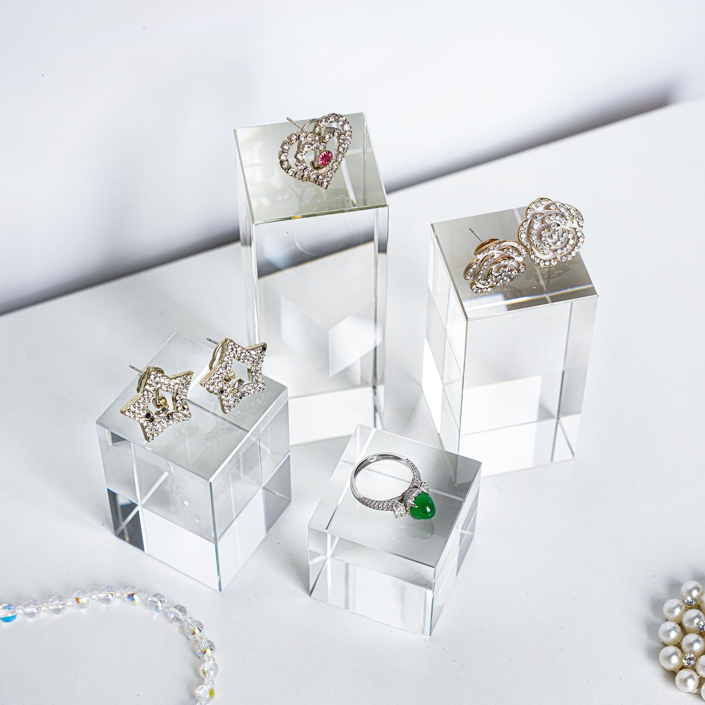 ZEERSHEE Set of 4 Clear Glass Display Blocks, Transparent Solid Square Glass Risers for Jewelry, Collectibles, Cosmetics, Mini Figures, Craft & Retail Display