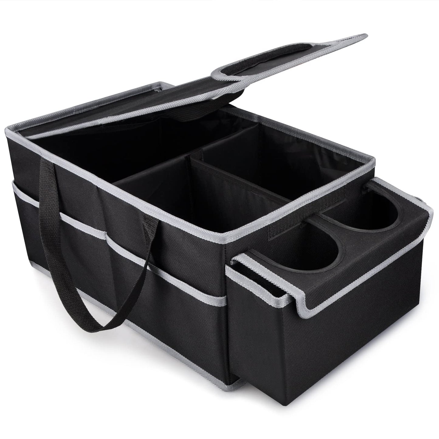 GUWINA Car Backseat Organiser, Multi Compartment Foldable Seat Organiser for Car Boot Front and Back Seats, with Lids and Straps Best for Clothes, Toys, Office Products (Black)