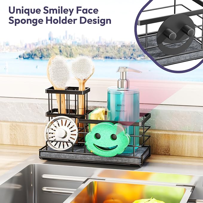 SWTYMIKI Kitchen Sink Caddy Organizer, Quick Dry Smiley Face Sponge Holder