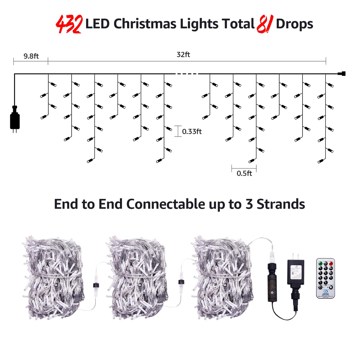 WBao Christmas Lights Outdoor, 432 LED 33FT Icicle Lights with 81 Drops, Remote Control, 3 Timer Settings, 8 Modes, Waterproof, Connectable Fairy Lights for Wedding, Holiday Eaves Decor, Warm White