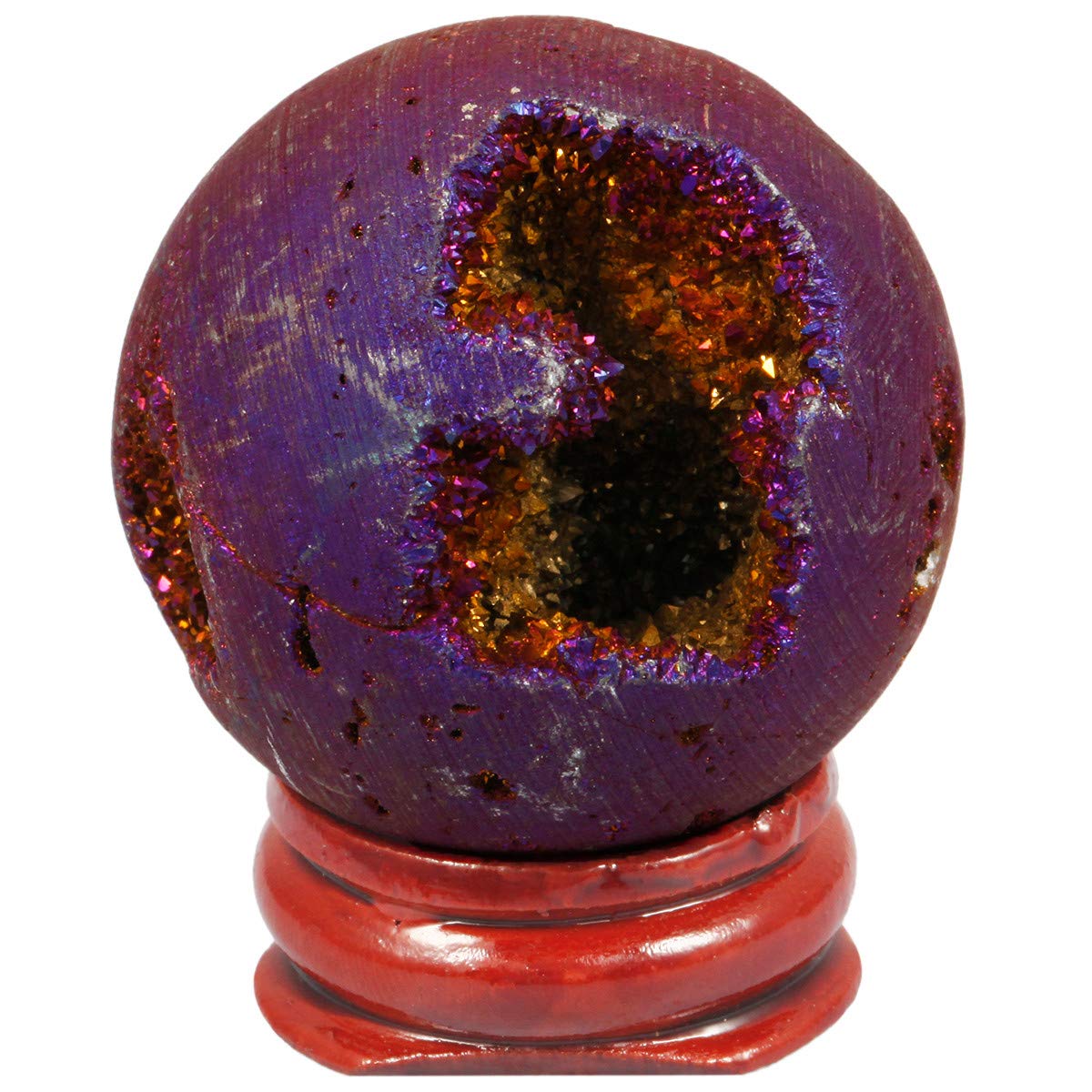 TUMBEELLUWA Druzy Agate Geode Gemstone Titanium Coated Aura Quartz Healing Crystal with Wood Stand Home Decoration,Sphere Ball Shape,Purple