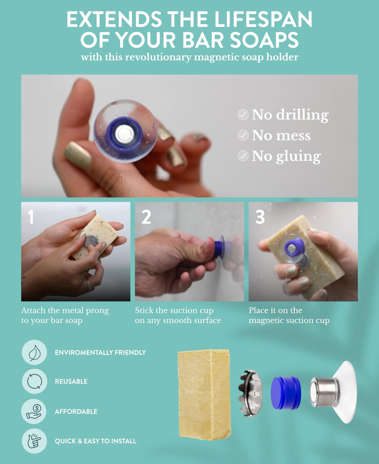 Crate 61 Organics, Soap Holder with Magnet Protector Edition, 100% Rust-Proof, No Drilling, with Suction Cup, for Sink, Shower & Bath