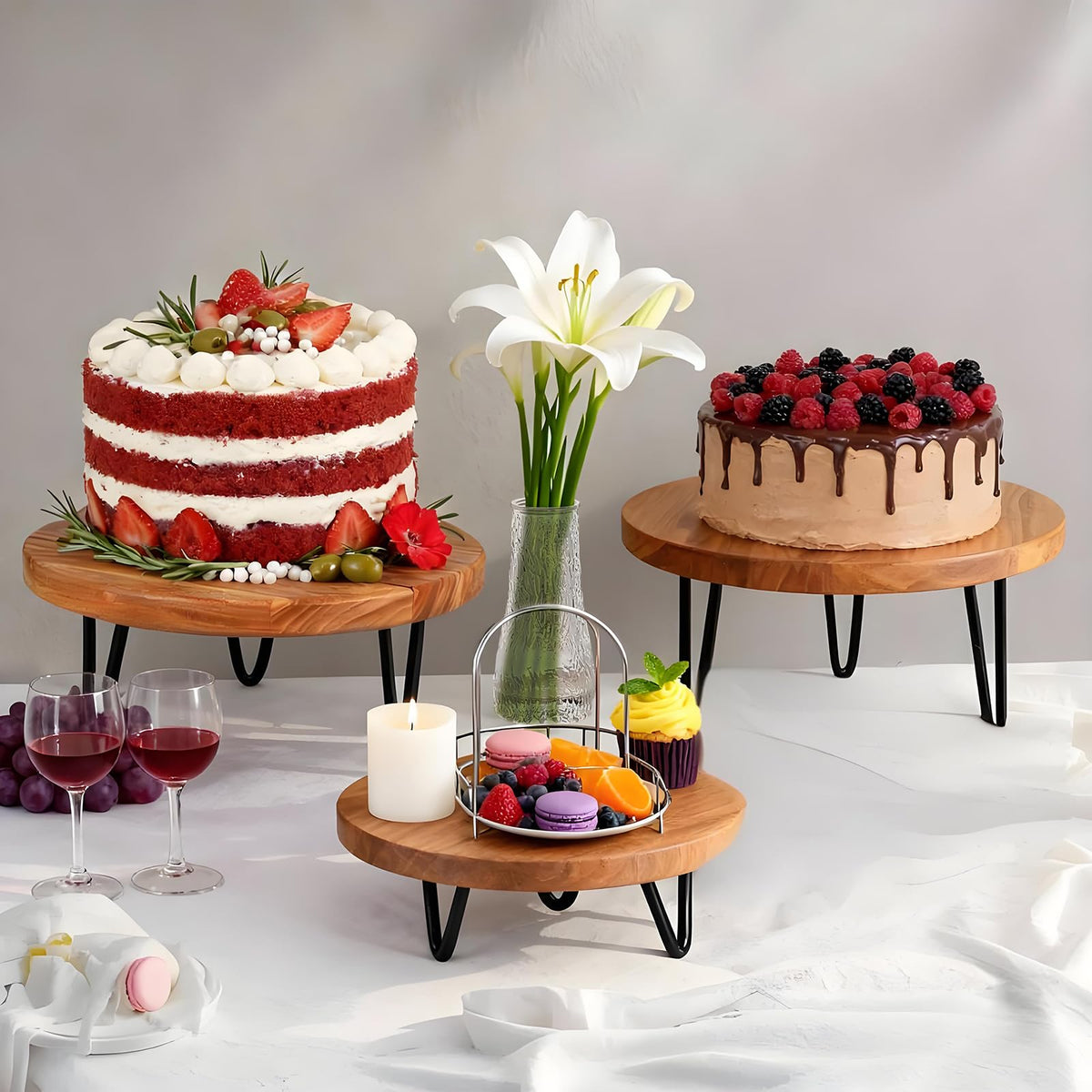 jubilander 3 Pcs Buffet Risers, Wood Round Food Riser Dessert Table Display Stand Set for Party Wood Cupcake Stands Nesting Table for Home Decor (Natural)