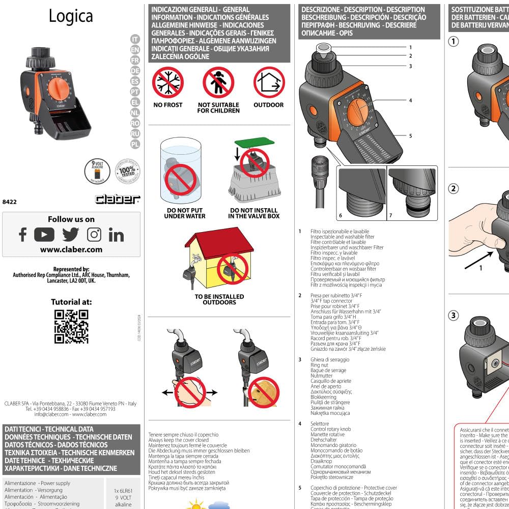 Claber 53922 8422 Aquauno Logic Programmer (Black/Orange)