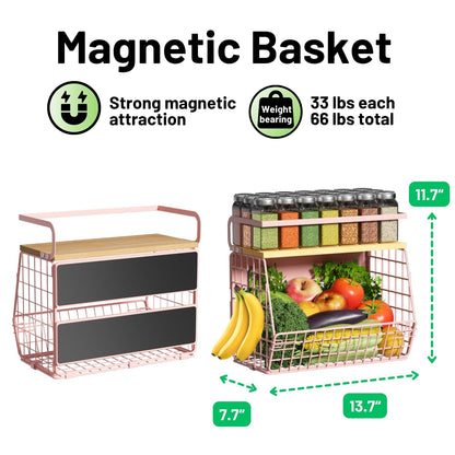 Magnetic Shelf for Fridge with Wood Lid, Fruit Potato and Onion Storage Bins, Pantry Organizers & Storage, Large Container Magnetic Spice Rack for Refrigerator, Kitchen Counter, Cabinet (Pink, 1)