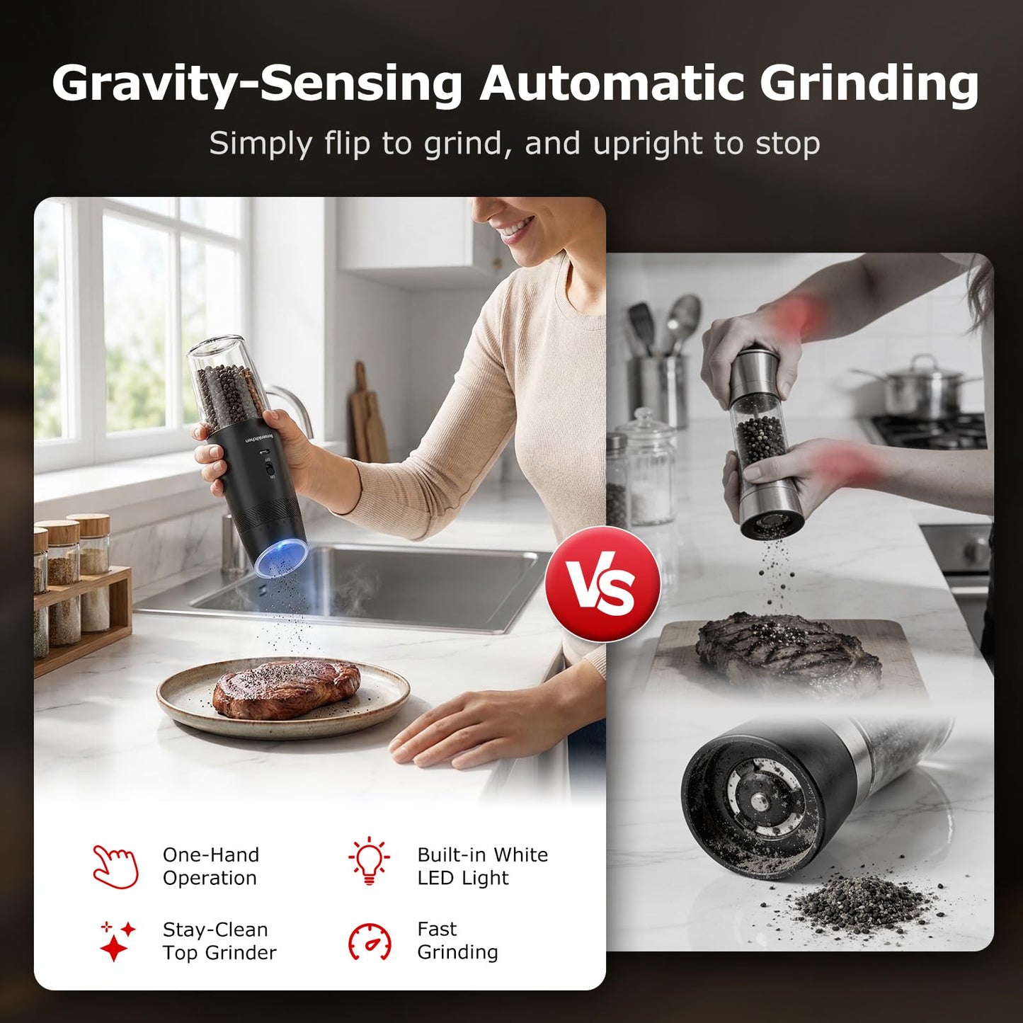 Bonsenkitchen Gravity Electric Salt and Pepper Grinder Set,Type-C Rechargeable Automatic Grinder With 6-Level Coarseness Adjustment, LED Light, 135ML Large Capacity for Kitchen, BBQ & Camping