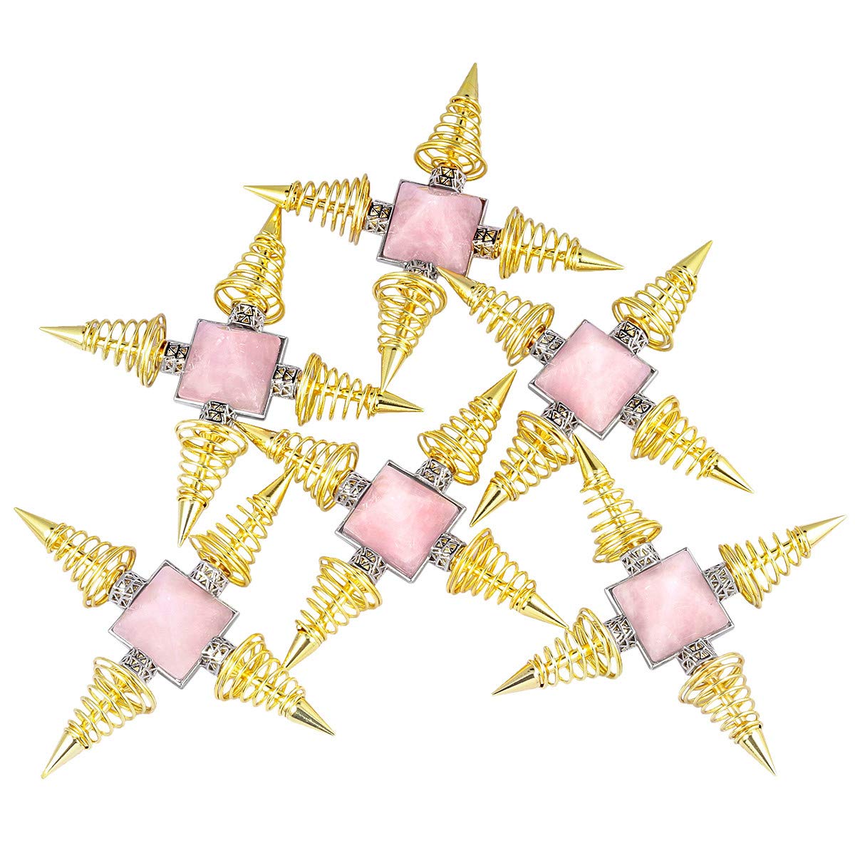 mookaitedecor Rose Quartz Pyramid Healing Crystal Stone Energy Generator with 4 Spiral Copper Points for Reiki Balancing Meditation, Gold Plated