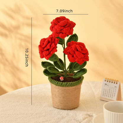 TALIBSA Handmade Crochet Rose Flower Pot Plant Gift Box，Crochet Flowers Handmade Knitted Potted Plants，Knitting Crochet Puff Flowers Potted Plants，Gifts for Family, Loved Ones and Friends