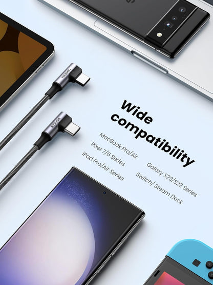 UGREEN 100W USB C to USB C Cable, 90 Degree Type C Cable for iPhone 17/17 Plus/17 Pro/17 Pro Max/16, MacBook Pro 2022, iPad Pro 2022, Samsung Galaxy S25/S24/Z Fold, Google Pixel, Switch,10FT
