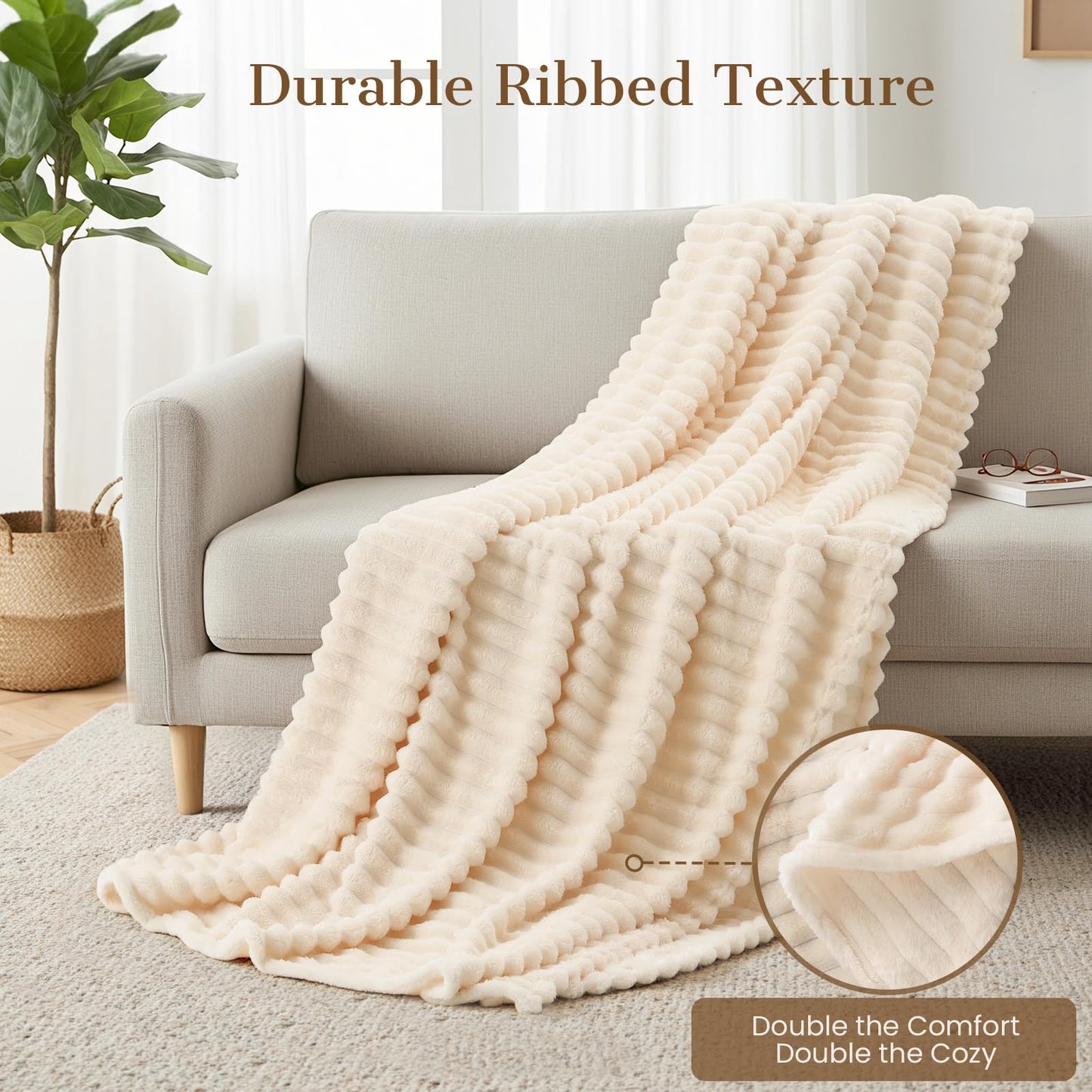 Throw Blanket for Couch, Cozy Blanket for Women, Cute Fleece Throw for Girls, Soft & Warm Fluffy Beige Blanket,Christmas Birthday Gifts for Women Men Teen, Room Home Decor, Giftable Strip Blankets