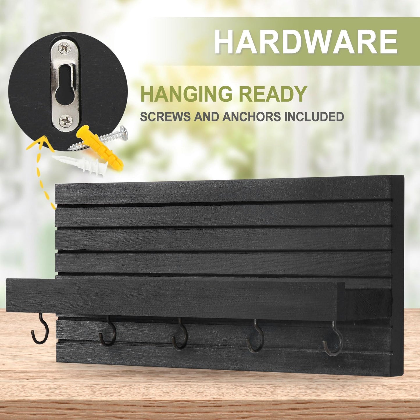 Lwenki Decorative Key Holder for Wall with Shelf, Entryway Shelf with Hooks Holds Leashes, Jackets and Glasses – Sturdy Wood Keyholder Entrance Hanger with Mounting Hardware (Black)