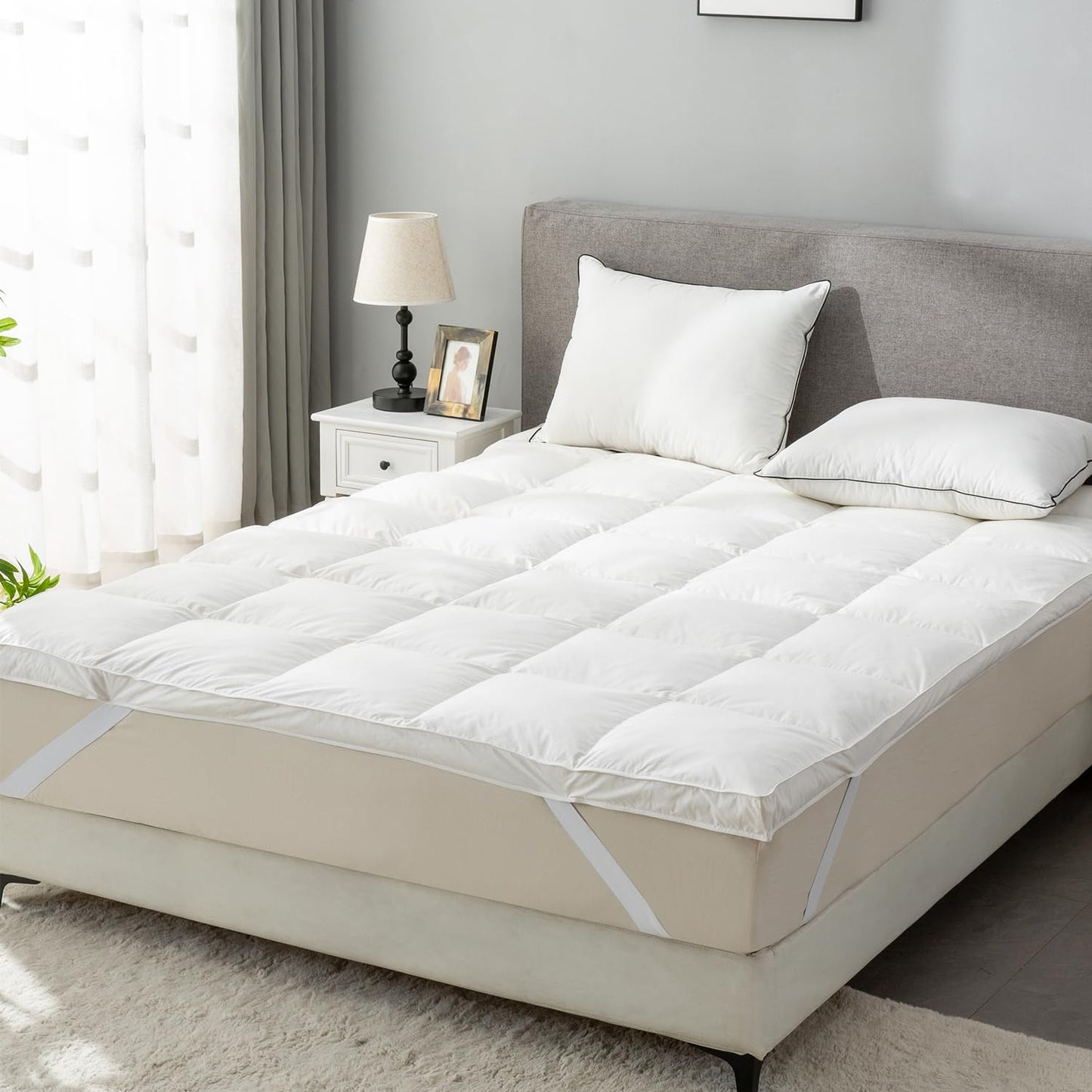 ROSE FEATHER Goose Down Feather Mattress Topper,Queen Down Mattress Protector Cover with Straps,Plush Soft Fluffy Baffled Pillowtop,Hypoallergenic Featherbed Cooling Pad All-Season Luxury(60x80 inch)