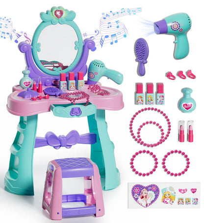 Lehoo Castle Kids Vanity Table and Chair Set with Mirror Light Music, Toddler Girls Makeup Table with Stool ＆ Hair Dryer, Pretend Play Princess Dress Up Vanity Set, Birthday Gifts for 3 Year Old Girl