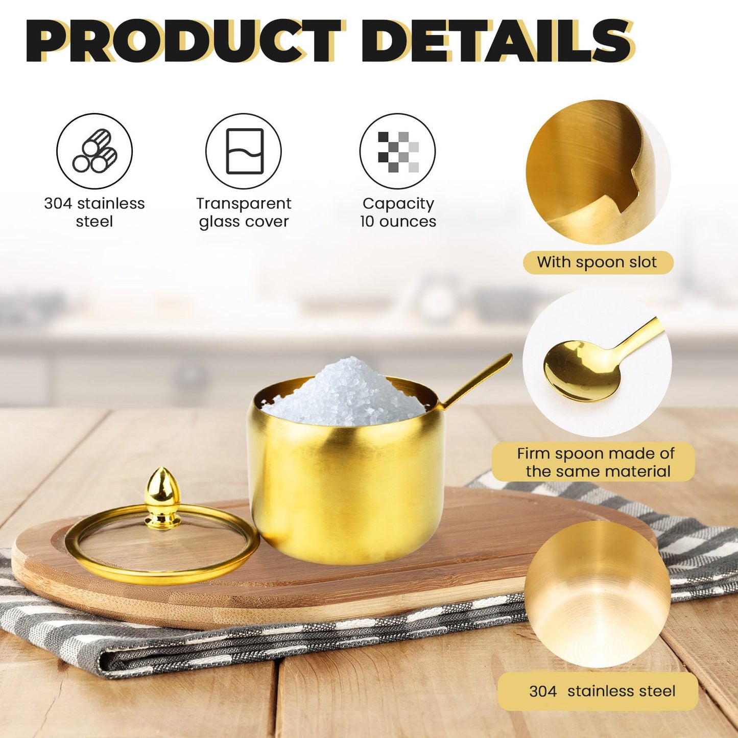 2 Pieces Stainless Steel Sugar Bowl with Lid and Spoon, 8.45 Oz/250 ML Sugar Container for Coffee Bar, Salt Bowls for Countertop Kitchen Storage Pepper Seasoning Coffee Bean Candy Spices, (Gold)