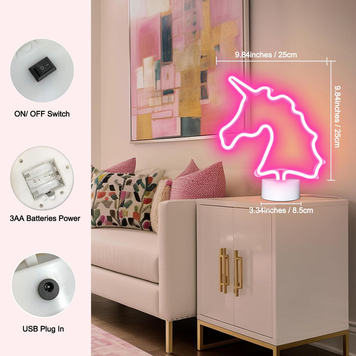 Unicorn Neon Sign with Holder Base, USB & Battery Powered, Pink Unicorn Neon Lights for Girs Room, Table Lamp Decor for Home, Bedroom, Living room, Bar, Office, Party, Christmas, Birthday Gifts