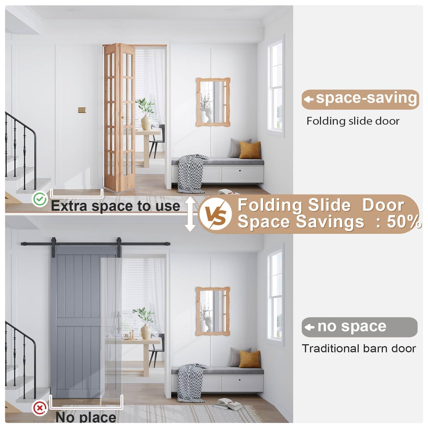 EaseLife Bifold Closet Door,for 42in x 80in (Double 21x80) Opening,French Glass Barn Doors with 3.5FT Concealed Bi-Fold Sliding Hardware Kit Included,Preassembled Door,Easy Install,DIY staining