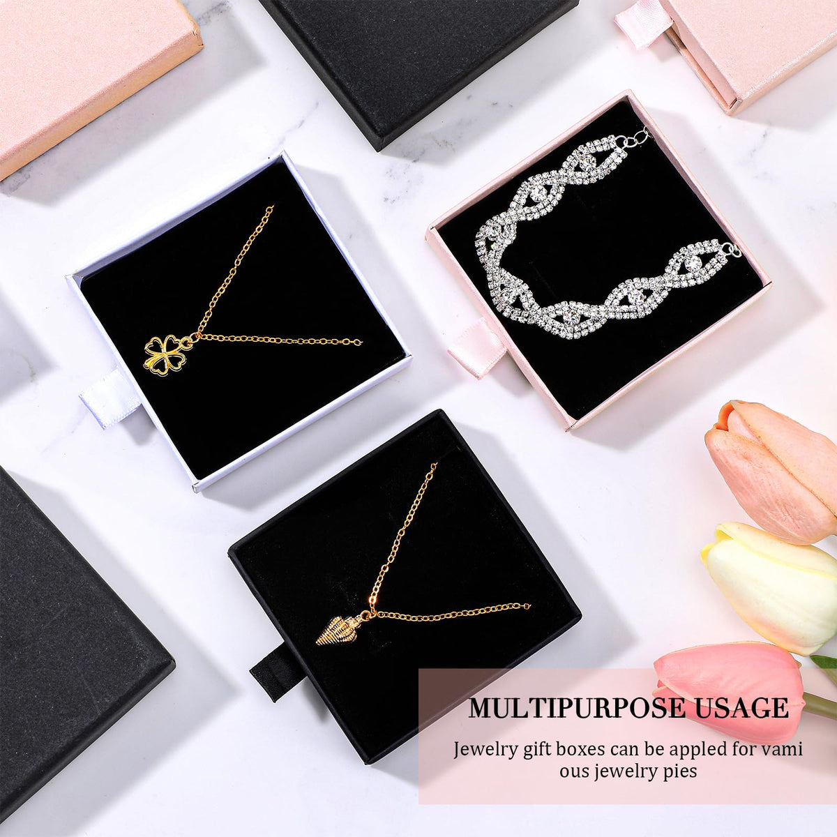 mekueeex 24 Pack Jewelry Gift Boxes Cardboard Jewelry Boxes 3.1 x 3.1 x 0.7 Inch Pull out Design Bulk Small Black Gift Box with Lids for Necklace Ring Bracelets Earring Display Box