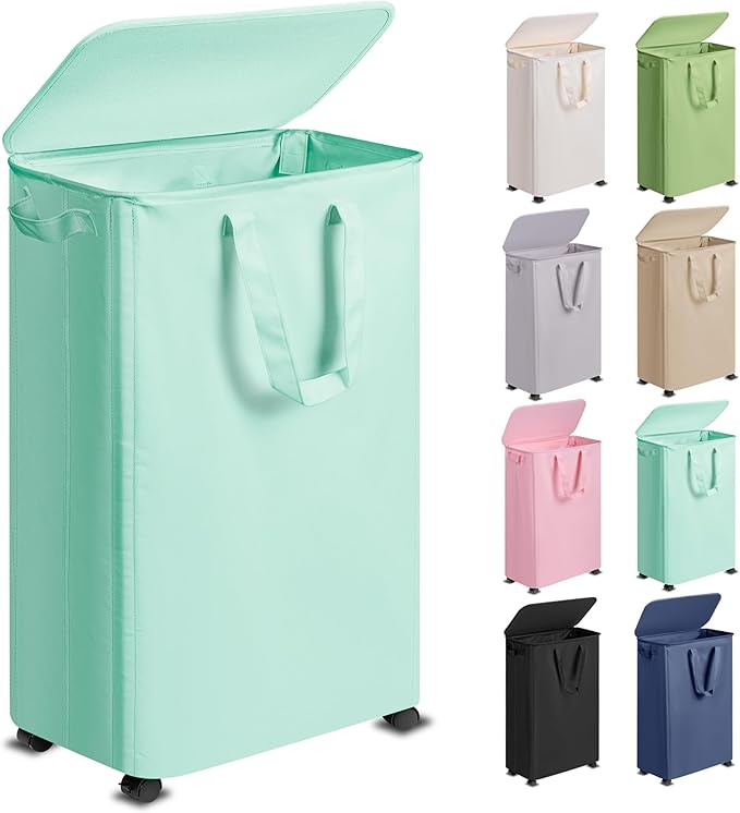 Slim Laundry Hamper with Lid and Wheels, Small Rolling Laundry Basket with