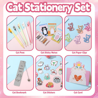 Cat Gifts for Cat Lovers Cat Office Supplies Canvas Tote Bag Spa Headband Cute Sticky Notepad Paper Clips Ballpoint Pen Cartoon Stickers Party Favor for Birthday Festival Gifts