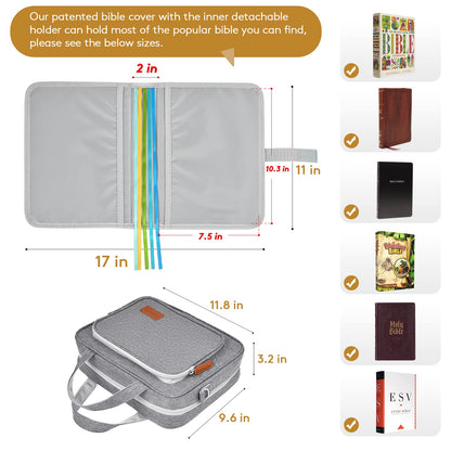 Grey Bible Cover Case with Gift Box - Crossbody Bag for Large Print Bibles, Complete Study Kit & Accessories