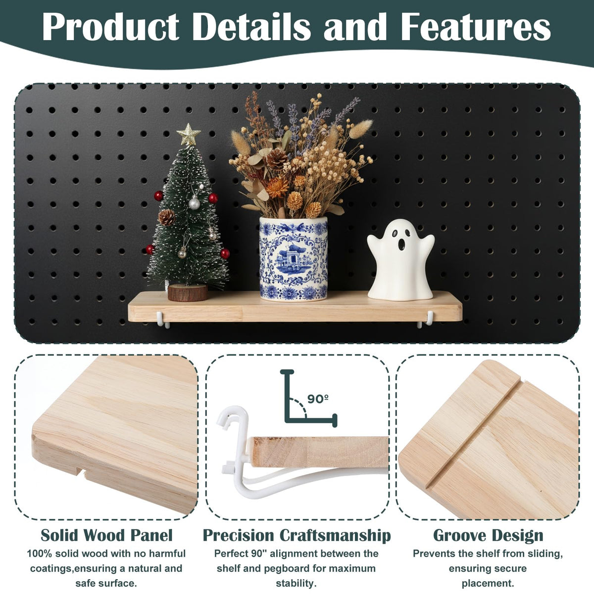 2 Pack Pegboard Shelves, Solid Wood Wall Shelf with Hooks, Solid Wood Pegboard Shelf, High Balance and No tilt, Wooden Pegboard Shelves for Metal Pegboard, Organizer Accessories for Home & Office