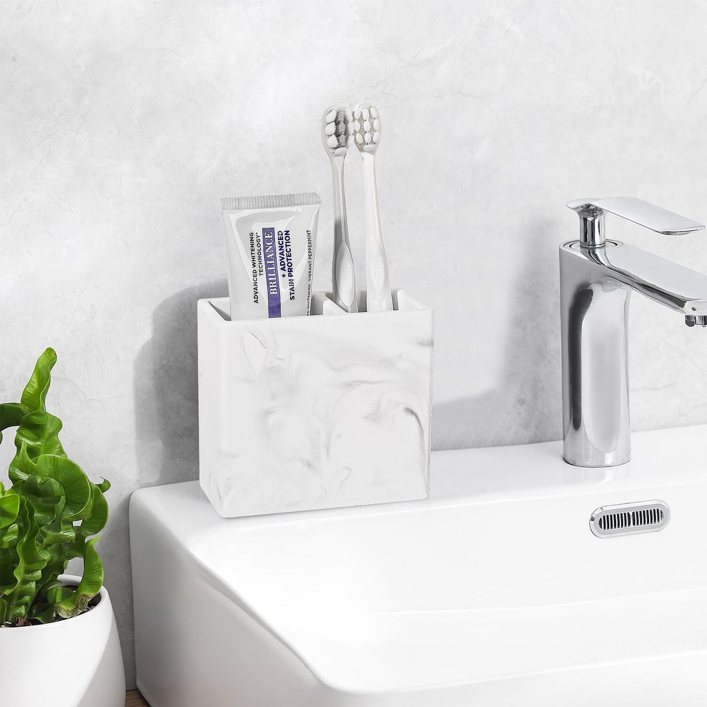 Diatomite Toothbrush Holders for Bathrooms, Electric Toothbrush and Toothpaste Holder Tooth Brush Organizer for Bathroom Countertop, Shower, Vanity - Marble White