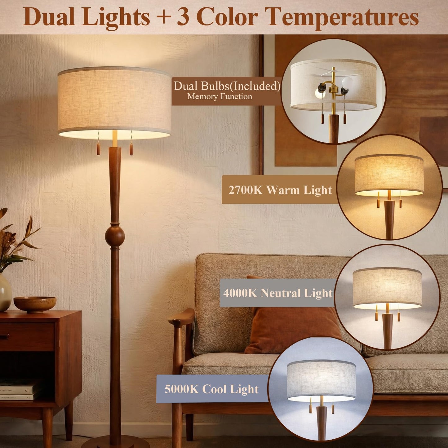 MOFFE 62.8" Solid Wood Floor Lamp,Tall Standing Floor Lamp with 2-Light Pull Chain, 17" Linen Drum Shade, Sculptural Wood Base & Stem,Transitional Floor Lamp for Living Room Bedroom, Includes 2 Bulbs