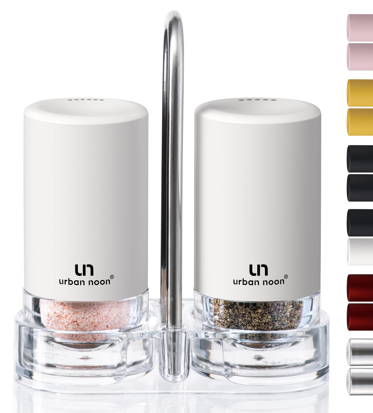 White Salt and Pepper Shakers with Holder - Elegant Stainless Steel Salt Shaker and Pepper Shaker Set with Acrylic Holder for Kitchen Counter or Restaurant Table
