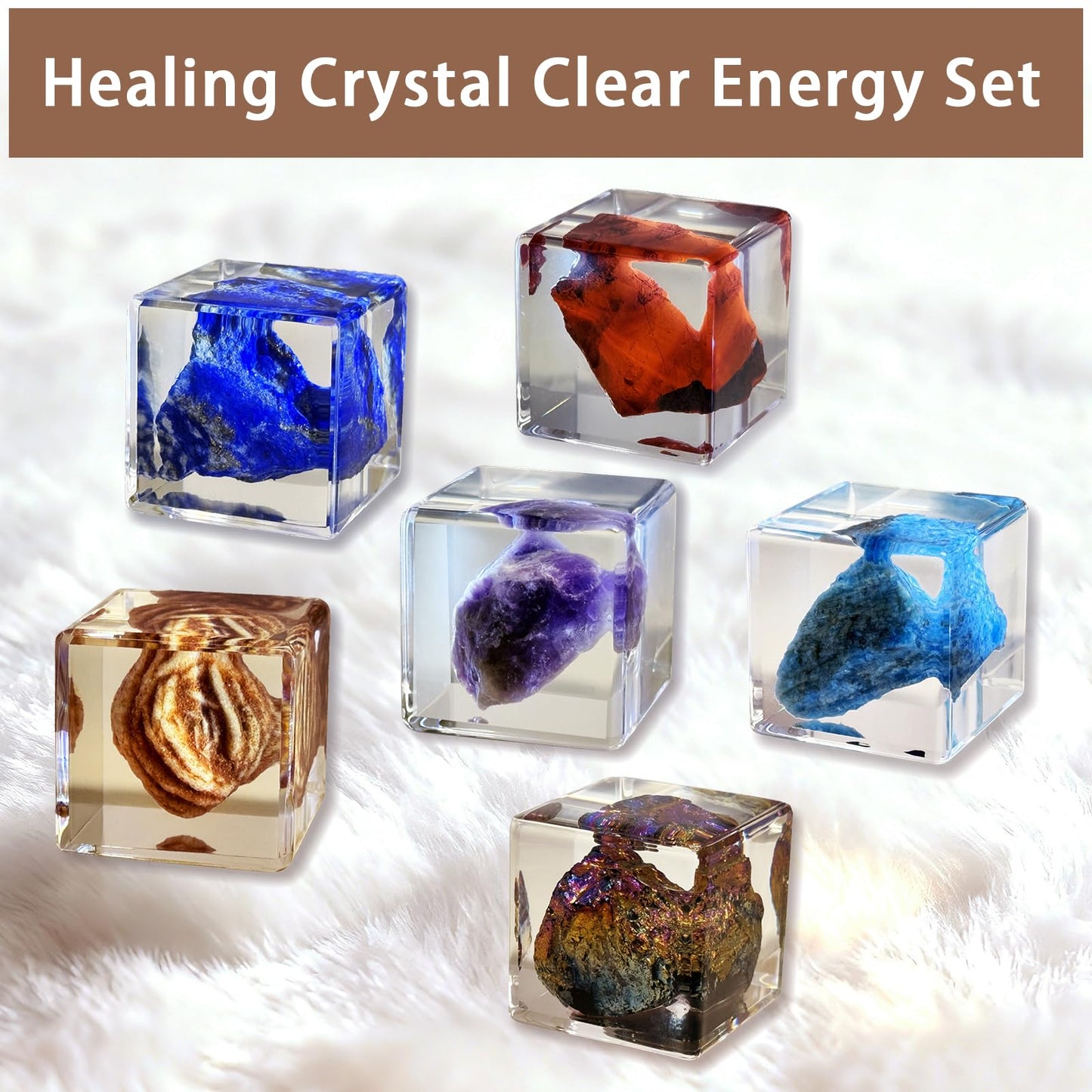 Crystal Specimen in Resin Cube - 6 Minerals Amethyst Lapis Lazuli for Geology Classroom STEM Education Healing Crystals Collection Display Gift 1.38×1.38×1.38inch