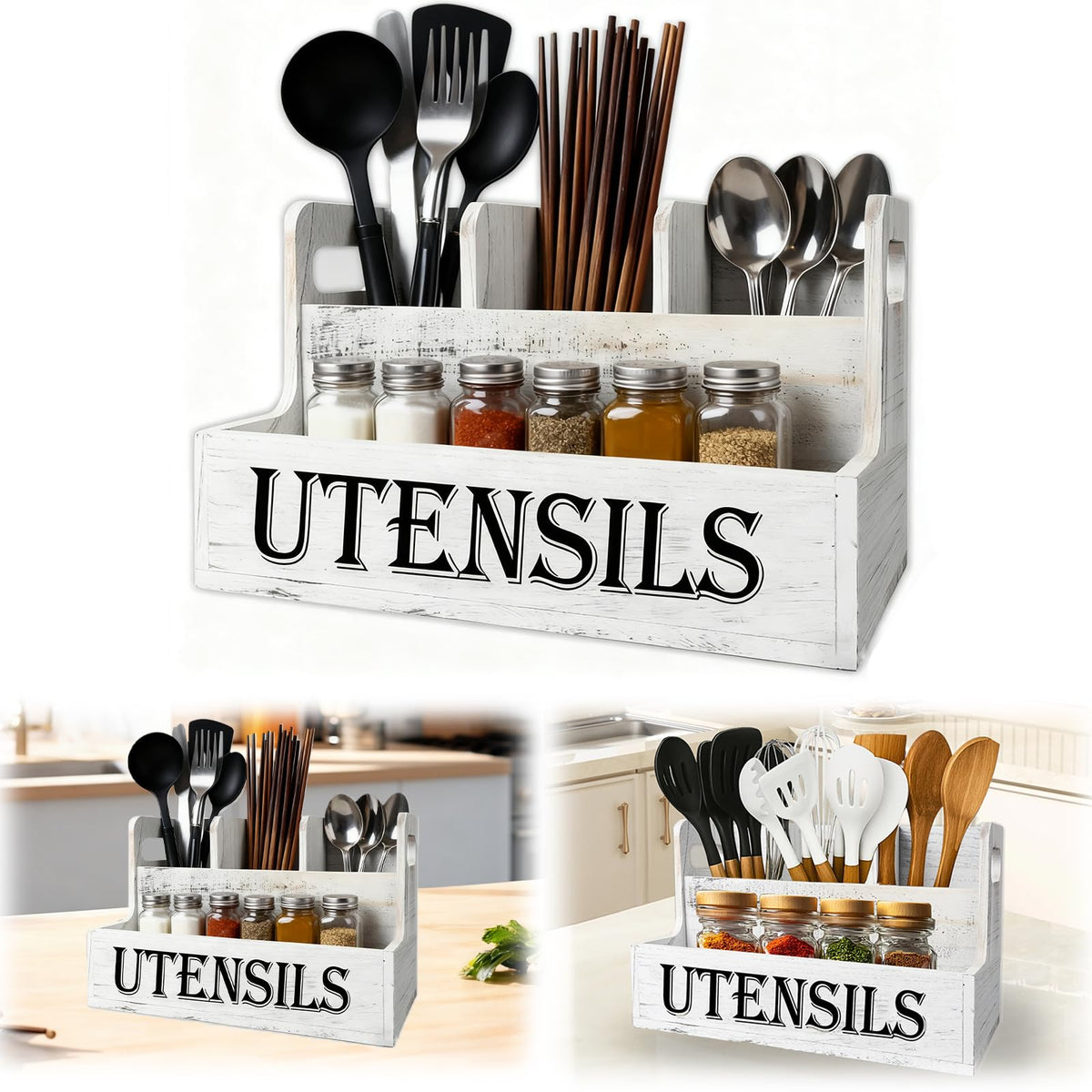 Gachiwar Utensil Holder, Extra Large Kitchen Utensils Holder with 4 Compartments, Wooden Utensil Organizer for Kitchen Countertop, Farmhouse Decor, Rustic Cooking Utensils