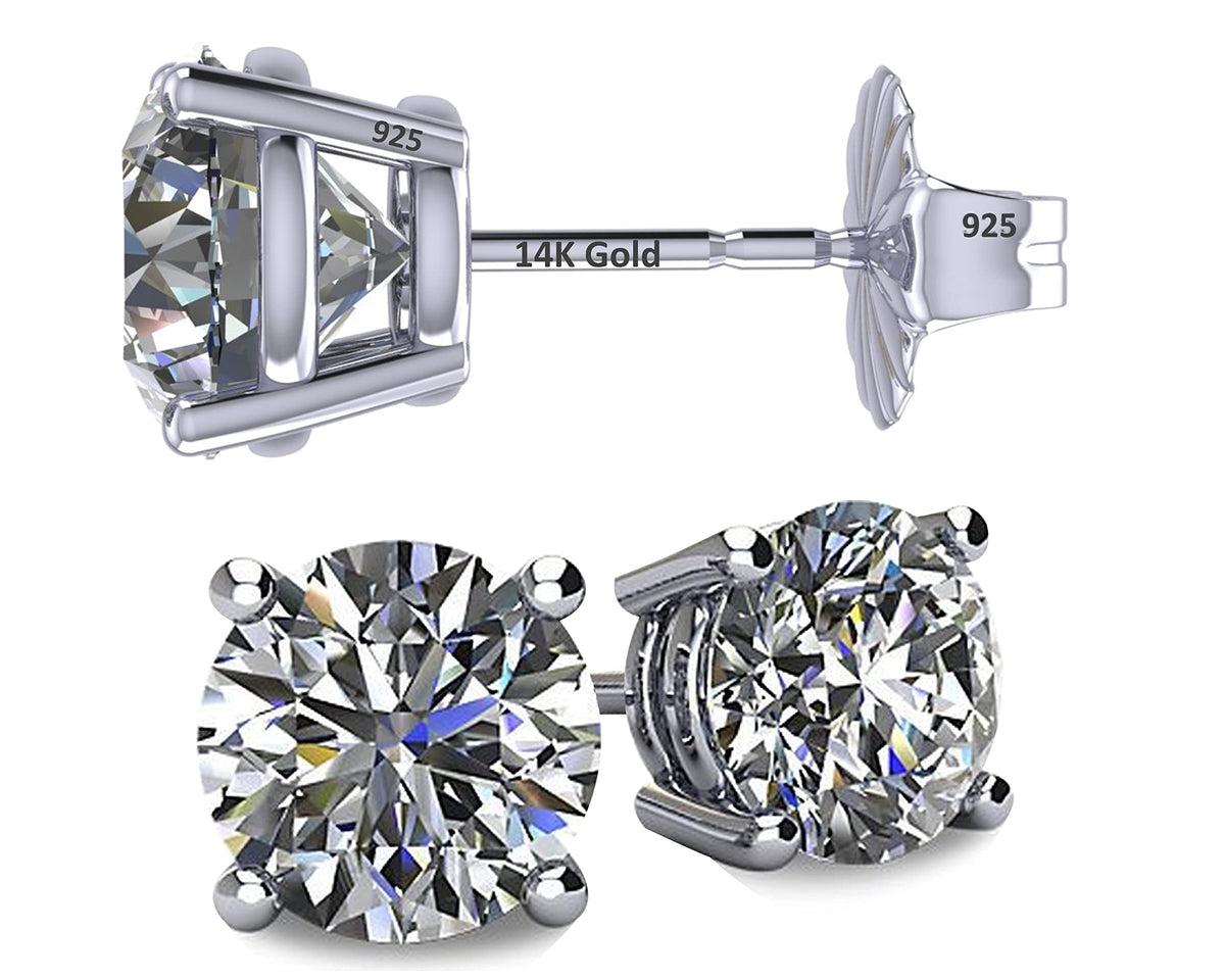 Central Diamond Center 14K Solid Gold Post & Sterling Silver 4 Prong CZ Stud Earrings - Platinum Plated - 10.0mm - 8.00cttw