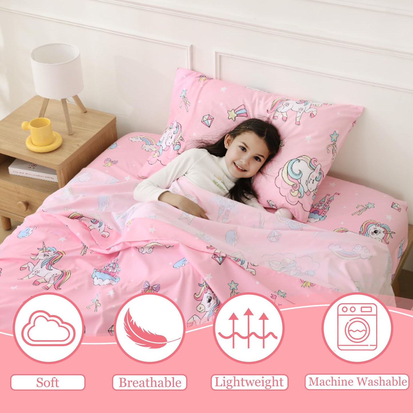 CIMVI Twin Sheets Set Kids Girls Unicorn Bed Sheets 15-Inch Deep Pocket Fitted Sheet Pink Bedding Sets 3 Piece Soft Microfiber Bed Set with Pillowcase Fade Resistant Children Room Decor