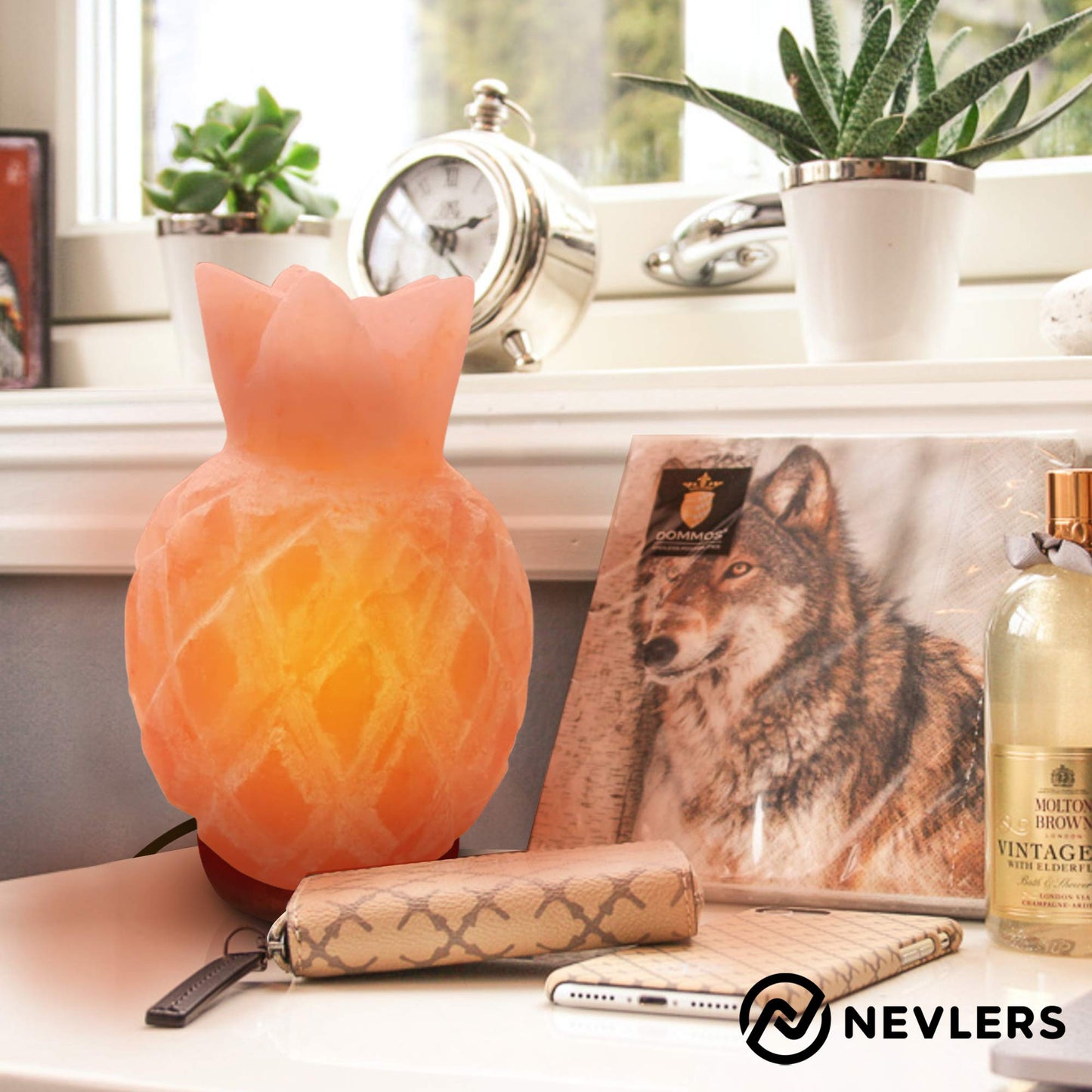 Nevlers Pineapple Shape Pink Himalayan Salt Lamp w/Wood Base| 7-8 lbs & 7"- 8" Tall Himalayan Pink Salt Lamp w/Dimmer Cord & Light Bulb| 100% Salt Rock Lamp | Ambient Salt Crystal Lamp for Home Decor