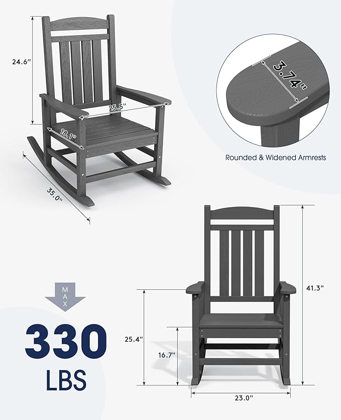 KINGYES Outdoor Rocking Chairs, HDPE All-Weather Patio Rocking Chairs High Back Porch Rocker for Adult, Gray