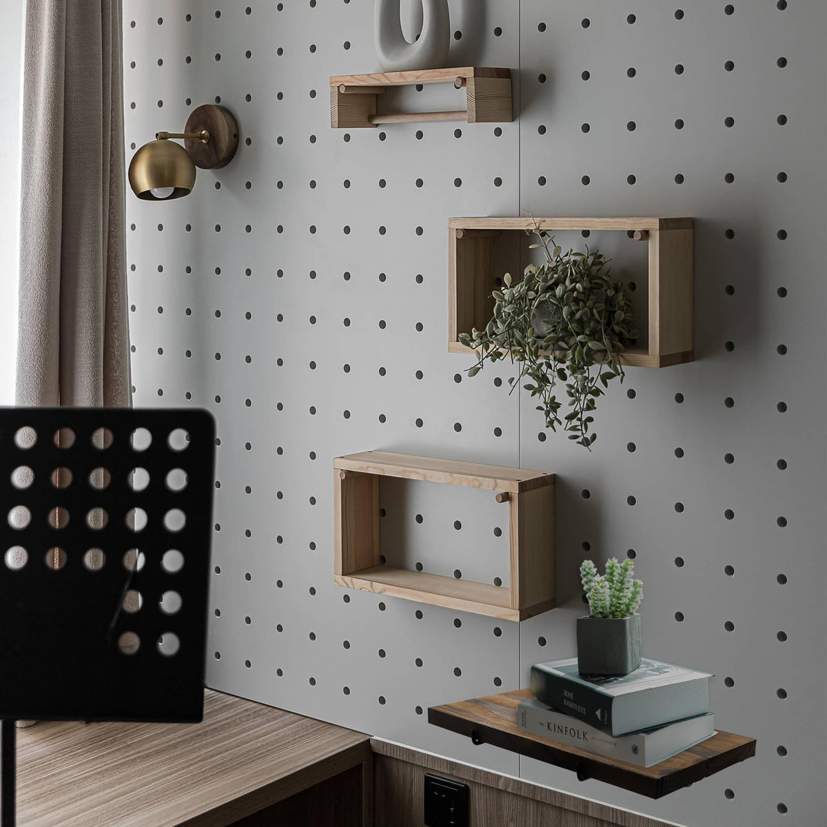 3 PCS Wooden Pegboard Shelves with 6 PCS Metal Pegboard Shelf Brackets Pegboard Hooks, Heavy Duty PegBoard Organizer Shelves, Pegboard Accessories for Craft Room, Home, Kitchen, Garage, Office