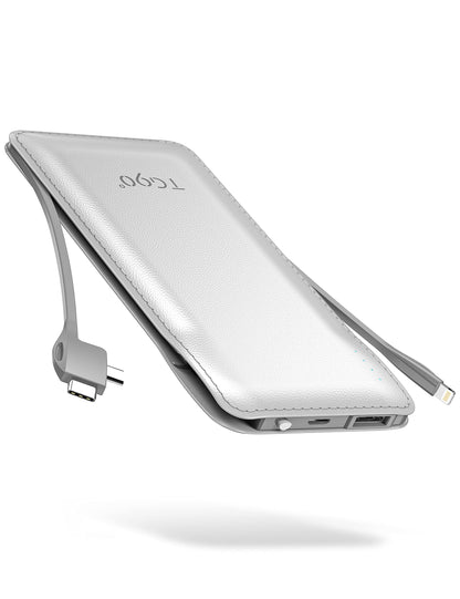 TG90° Portable Charger 10000mah Cell Phone Battery Backup, Ultra Slim Power Bank with Built in Lightning and USB-C Cable, Portable Phone Charger Battery Packs Compatible with iPhone Android Phones