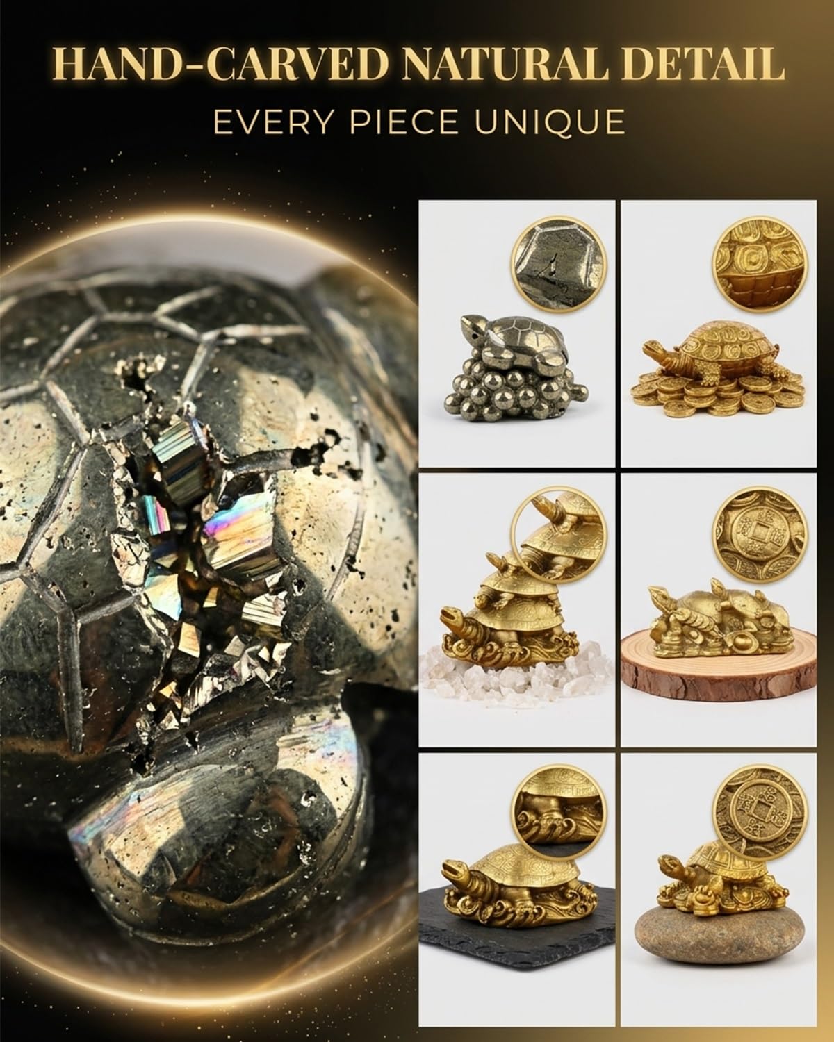 Natural Pyrite Turtle Crystal Figurine Mini Golden Tortoise Carving Feng Shui Tea Pet Sculpture Animal Ornament Gift Living Room Table Display Inspired Decor Lucky Wealth Prosperity Home Office