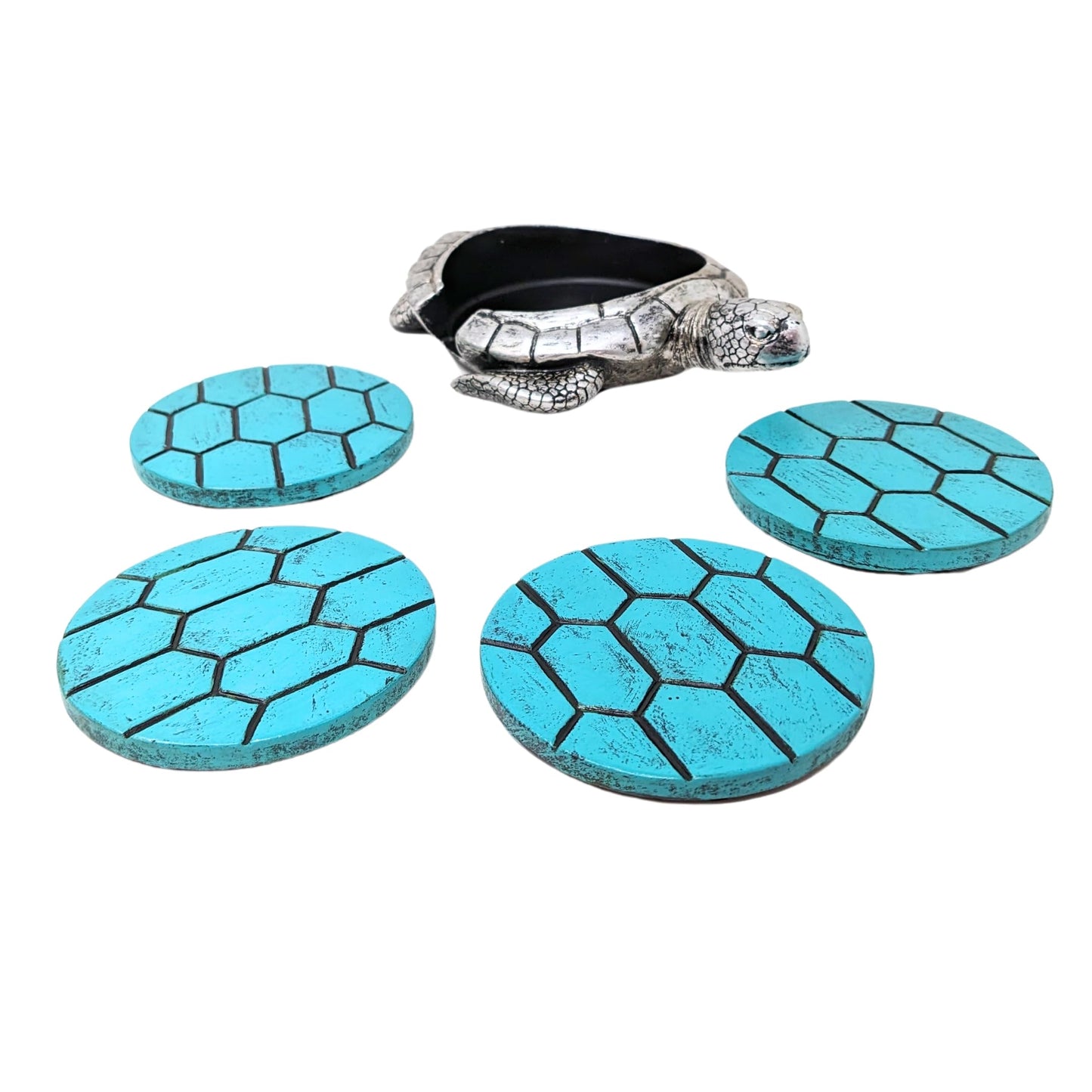 Sea Turtle Coaster Set with Holder – 4 Nautical, Ocean, and Tropical Silver & Turquoise Resin Coasters – Coastal Beach Home, Bar, Kitchen, or Dining Room Décor – Ideal Gift for Sea Life Lovers