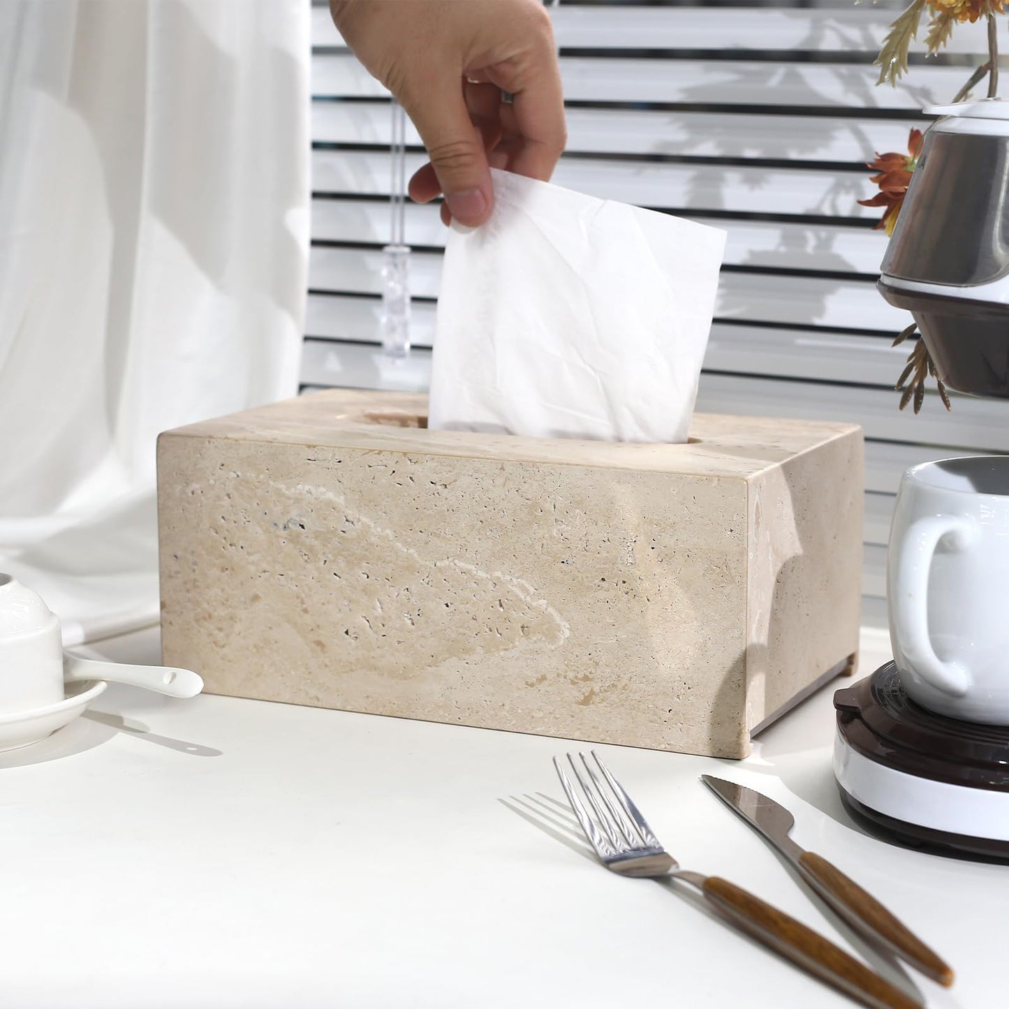 Noble and Light Luxury Natural Travertine Marble Household Tissue Box for Bathroom | Office | Desk | countertop | Vanity | Bedroom | Bedside Table |Beige