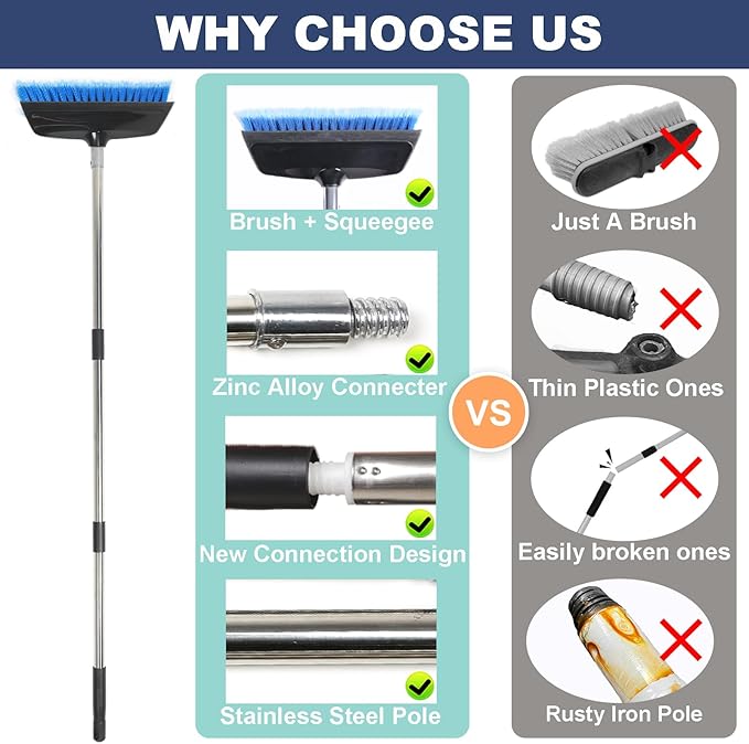 52" Car Wash Brush with Long Handle | Built-in Rubber Squeegee & Rubber Bumper