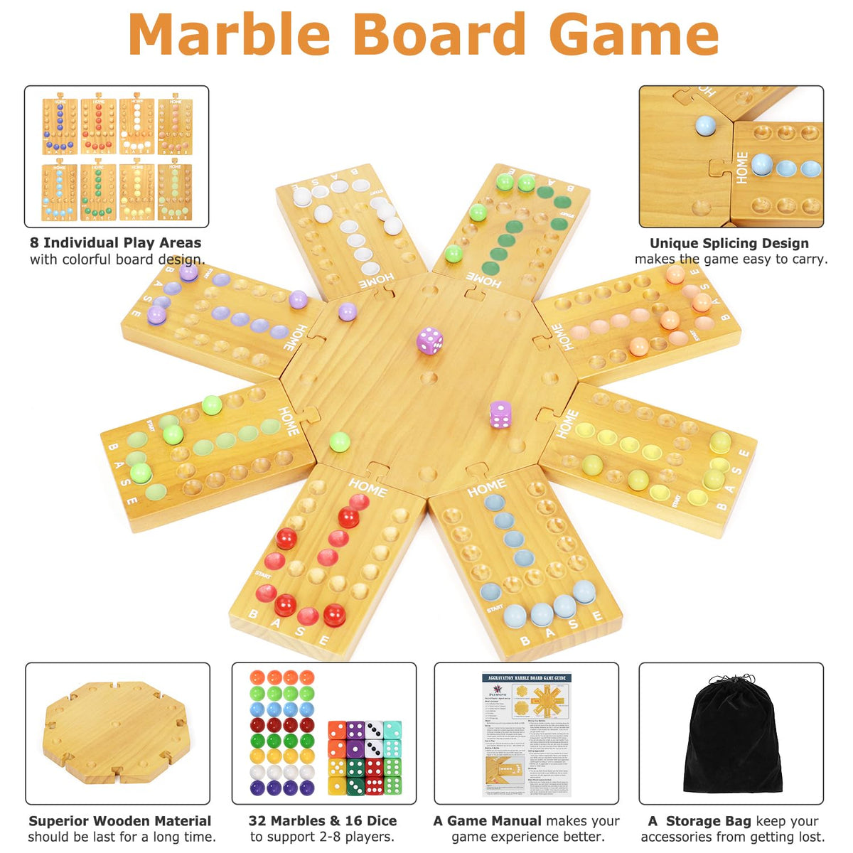 Marble Board Game,Wooden Board Game for 6-8 Players,Portable Design Marble Game with 32 Marbles 16 Dice, Family Game Night Gift for Kids & Adults