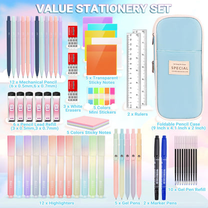 60 Pcs Aesthetic School Supplies with Large Capacity Pencil Case, 5 Quick Dry Black Ink Gel Pens, 12 Color Pastel Highlighters, 6 Mechanical Pencil Set 0.5 & 0.7 mm, 7 Multi-Color Index Sticker-Blue