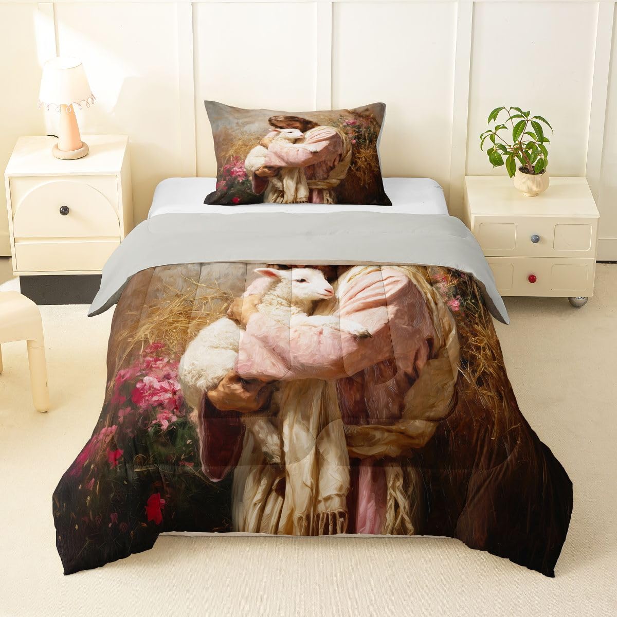 Manfei Man Holding Lamb Twin Size Comforter Set with 1 Pillowcase - Pink Brown Belief Spiritual Bedding Set for Kids Bedroom,The Lost Lamb Flowers 2 Pieces Reversible Duvet Insert