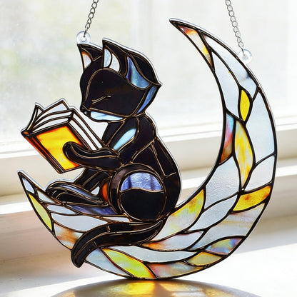 EOBROMD Stained Glass Window Hanging Suncatcher, Black Cat and Moon Double Side Glass Panel Sun Catchers, Handmade Decor Birthday Gifts for Women, Men, Mom, Couples and Lovers 7.8x7.8 inch