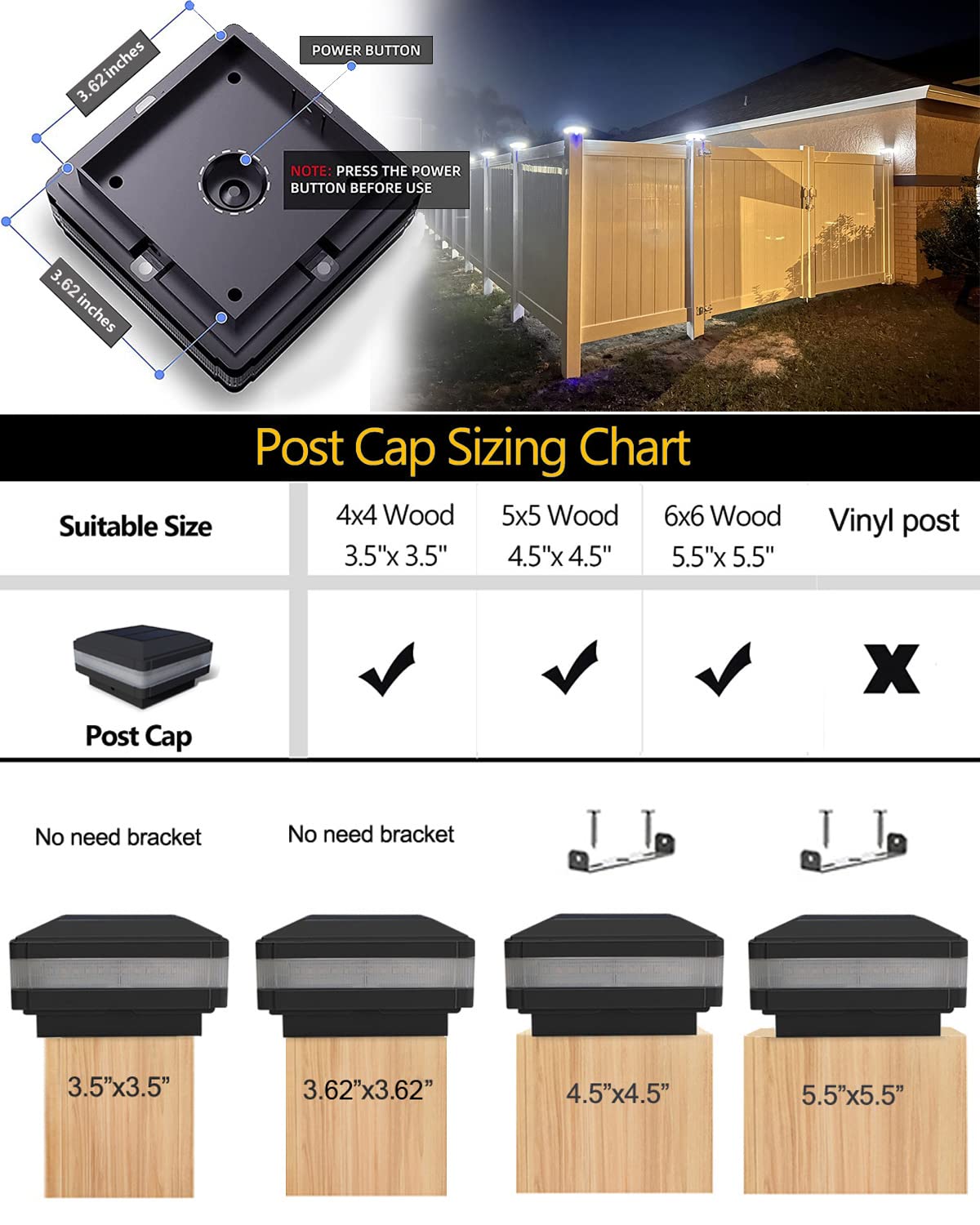 GEYUEYA Home Solar LED Post Lights Outdoor Garden Post Lights Solar Powered Solar Fence Lights IP65 Waterproof Square Black Landscape Post Cap Lamp for Patio Fence Post Deck Wooden Posts(4 Pack)