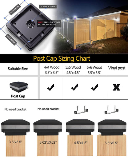 GEYUEYA Home Solar LED Post Lights Outdoor Garden Post Lights Solar Powered Solar Fence Lights IP65 Waterproof Square Black Landscape Post Cap Lamp for Patio Fence Post Deck Wooden Posts(4 Pack)