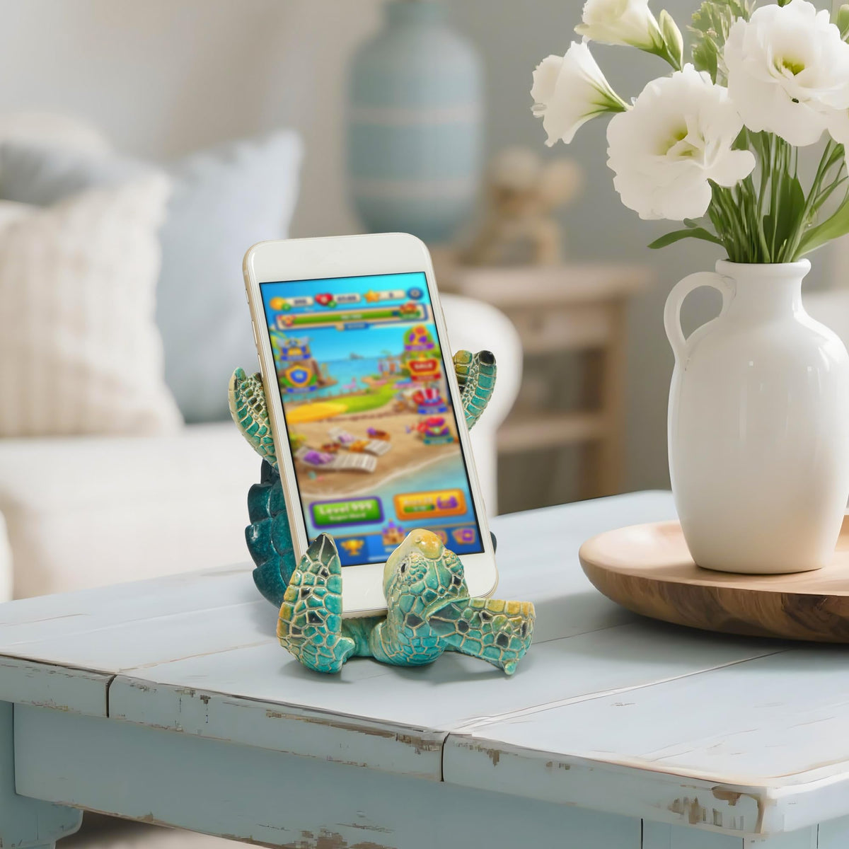 Hodao Sea Turtle Figurines Decoration Turtle Cell Phone Stand Holder for Home Office Desk Summer Ocean Style Phone Holder Decor for Beach Table Statues Gifts for Friends (Blue-Turtle)