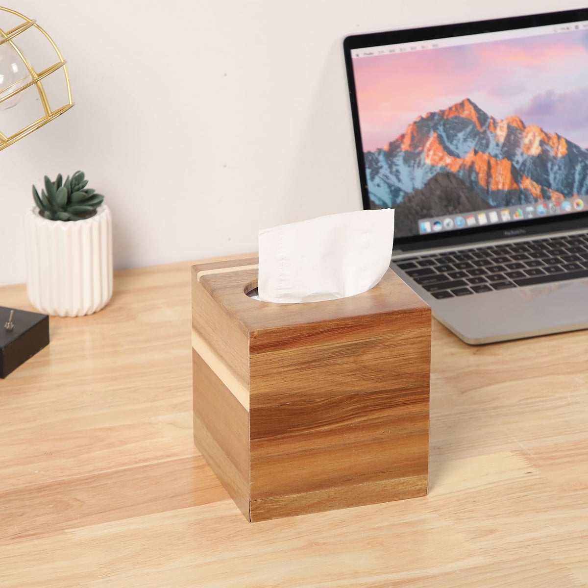 CATORY Tissue Box Cover, Acacia Wood Tissue Box Cover Square, Rustic Tissue Box Holder Covers Your Tissues, Decorative Tissue Cube Box Cover with Slide-Out Bottom